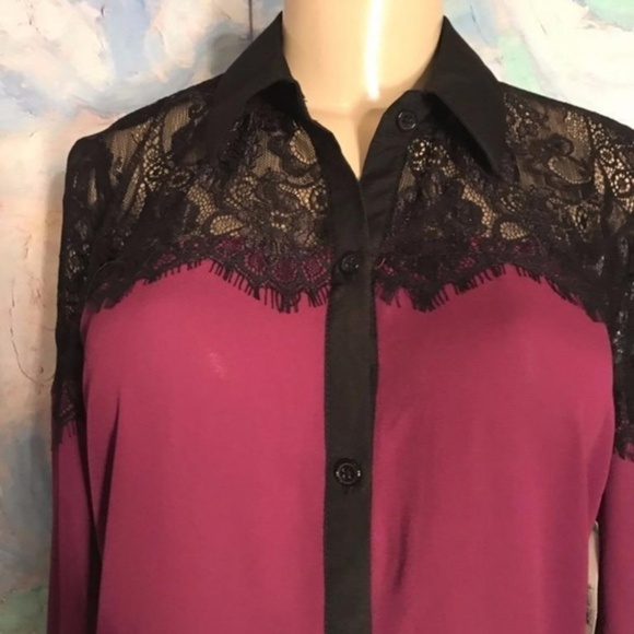 Metaphor S Purple Button Down Black Lace Trim Top - Picture 2 of 6